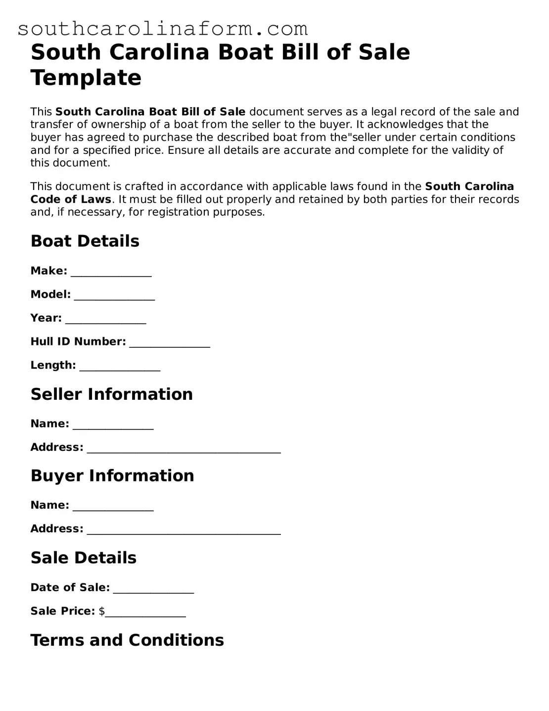 Valid Boat Bill of Sale Document for the State of South Carolina